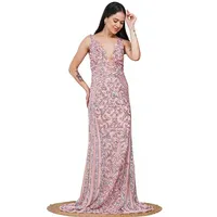 Robe de soirée élégante rose à col en V, style fourreau, avec embellissement en strass, longueur au sol, sans manches, robe de cérémonie