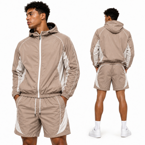 <b>Men's</b> Hooded Windbreaker <b>Jacket</b> Set Solid Color Contrast Stitching Quick Dry Casual <b>Summer</b> Outfit - Product Image 1