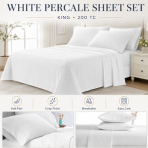 Juego de Sábanas Blancas de Percal de 200 Hilos, Estilo Americano, Diseño Sólido, Incluye 4 Sábanas Planas Individuales y 2 Sábanas King para Uso Doméstico y Hotelero - Product Image 1