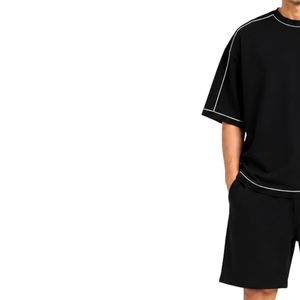 Black Mens Oversized <b>T</b> <b>Shirt</b> And Shorts Set Custom Logo Contrast Stitching Crew Neck Casual Streetwear Summer Two Piece Outfit - Product Image 3
