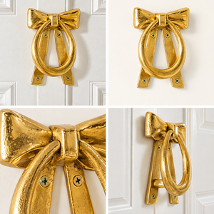 Regal <b>Bow</b> <b>Door</b> Knocker in Golden Brass Tone with Ribbon Knot Detail and Oval Ring for Elegant Traditional Entrance DoorsRegal Bo - Product Image 6