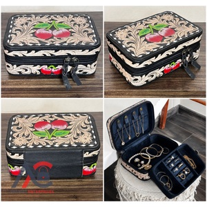 Women Fashionable <b>Tooled</b> Floral Cherry Pattern Genuine <b>Leather</b> Jewelry Organizer Stylish Zipper Closure Jewelry Storage Cases - Product Image 1