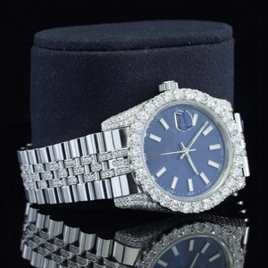 Double Gold Tone – Iced Out Style Mossinate Diamond Watch For Men Blue Dial Stainless Steel Silver Metal Water-Resistant Watch - Product Image 5