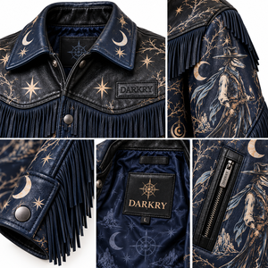 Veste en cuir à franges imprimée Cosmic Gunslinger pour homme, en cuir de vachette bleu marine, style western, fournisseur direct d'usine - Product Image 6
