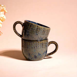 Blue Glossy Ceramic <b>Tea</b> Cup Set of 2 Microwave Safe Striped Pattern Japandi Style <b>Mug</b> with Saucer Japanese Inspired Design - Product Image 2