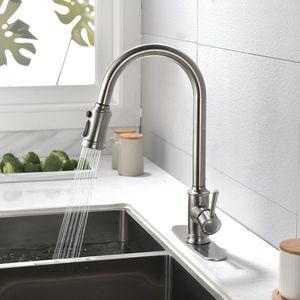 Rubinetto da cucina monocomando ad arco alto estraibile in acciaio inossidabile lucido, con doccetta estraibile, design a livello singolo, stampa gratuita - Product Image 4