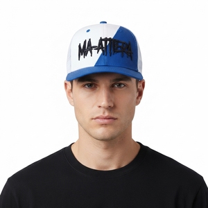 Men's <b>White</b> Blue Trucker Cap Custom Embroidered Logo Mesh Back Baseball <b>Hat</b> Adjustable Two Tone Streetwear - Product Image 1