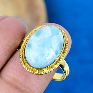 Natural Larimar Shape Oval Cab Gemstone 18k Gold Plated Bezel Handmade Birthstone <b>Ring</b> For Women - Product Image 4