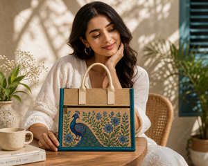 custom laminated jute tote <b>bag</b> <b>peacock</b> print eco friendly reusable shopping <b>bag</b> zipper pocket cotton handle wholesale - Product Image 2