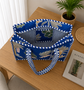 Sac fourre-tout en toile bleu imprimé, style bohème, sac de shopping d'été avec motif palmier et design rayé - Product Image 3