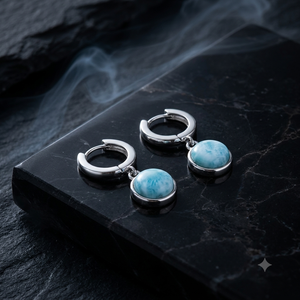 <b>Sterling</b> <b>Silver</b> <b>Huggie</b> <b>Earrings</b> With Round Bezel Set Blue Turquoise Drop For Women - Product Image 3