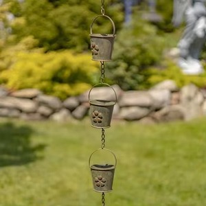 Chaîne de pluie vintage en forme de seau, finition verte et dorée, pour jardin zen, fonction sonore relaxante de l'eau, chaîne de pluie extérieure - Product Image 4
