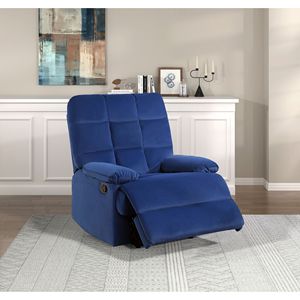 Moderna Poltrona Reclinabile in Velluto Blu con Schienale Trapuntato e Braccioli Imbottiti, Struttura in Legno Massello per Soggiorno - Product Image 1