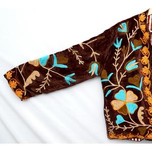Floral Embroidery Velvet Jacket Mandarin Collar Short <b>Coat</b> Eco-Friendly Breathable Reversible Cotton Lining Unisex Women's - Product Image 5