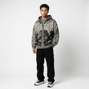 Sweat à capuche gris délavé personnalisé, coupe courte, imprimé ange Renaissance vieilli, lettres universitaires en strass, style streetwear, fournisseur en gros - Product Image 2