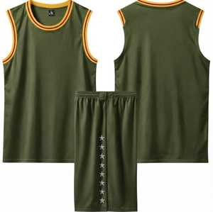 Ensemble d'uniformes de basketball sublimés vert olive de qualité supérieure, unisexe, pour adultes, respirant, en maille, sans manches, avec short - Product Image 1