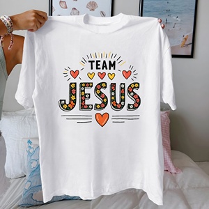 T-shirt décontracté pour femme TEAM JESUS à lettres florales, en tissu tricoté 100% coton, coupe confortable, col rond, manches courtes - Product Image 2