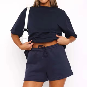 Conjuntos de Camisetas Cortas Casuales de Alta Calidad con Logotipo Personalizado para Mujer, Conjuntos Cortos Vintage de Verano al por Mayor, Moda Sólida - Product Image 4