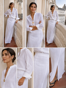 <b>White</b> Linen Bohemian <b>Maxi</b> Dress High Waist Mandarin Collar Long Sleeve Regular Fit Sheath Summer Casual Solid Color Breathable - Product Image 6