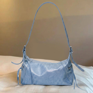 Shiny Light Blue Women's PU Portable Shoulder <b>Bag</b> Fashion Zipper Closure Single Strap Tassel Detail Daily Life Use - Product Image 1