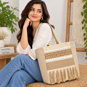 Bohemian Cotton Fabric <b>Tote</b> Bag with Solid Color Zipper Closure High Quality 17x14 Inch Summer Beach Style AAN Overseas Ventures - Product Image 2