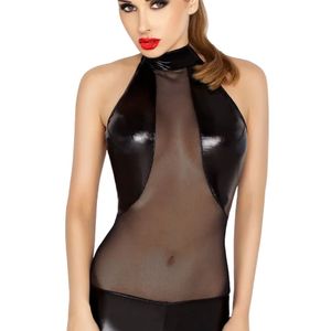 Black Sheep Women's PU Leather Sexy Bodysuit with Hollow Out Removable Chest Pads See-Through Design - Product Image 2
