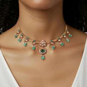 Conjunto de collar y aretes de estilo nupcial tradicional en verde esmeralda, elaborado en plata de ley 925 Gajaah, joyería étnica. - Product Image 4