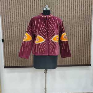 Chaqueta Corta de Terciopelo Floral de Algodón Bordada a Mano para Mujer, Estilo Boho, Cuello Mandarín, Manga Larga, para Primavera, Otoño e Invierno - Product Image 5