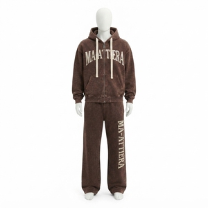 Ensemble survêtement homme personnalisé avec sweat à capuche zippé marron délavé et pantalon de survêtement large – Vente en gros OEM ODM - Product Image 3