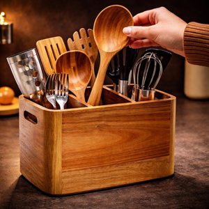 Acacia Wood Utensil Holder, Rustic <b>Kitchen</b> Cutlery Organizer, Wall Mount <b>Caddy</b> - Product Image 1