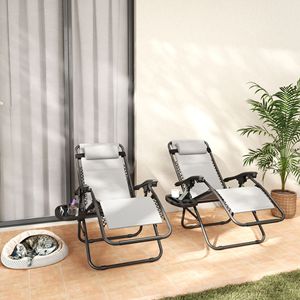 Set di 2 Sedie a Sdraio Grigio Chiaro a Gravità Zero, Reclinabili e Pieghevoli per Piscina con Poggiatesta e Vassoio Laterale in Ferro - Product Image 2
