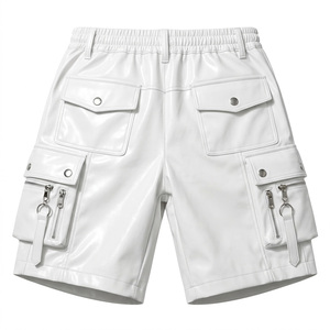 <b>White</b> Real Genuine Leather Cargo <b>Shorts</b> Custom Multi Zipper Pocket Elastic Waist <b>Biker</b> <b>Shorts</b> Wholesale High Quality <b>Shorts</b> - Product Image 2