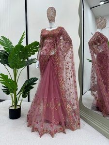 Elegante Sari de Malla Suave Bordado con Diseño de Diseñador, Blusa a Juego con Lentejuelas, Ropa de Fiesta para Mujer, Cultura India Pakistaní, En Existencia - Product Image 3