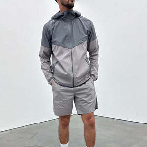 Custom Colorful Windbreaker Set Men’s Hooded Zip <b>Jacket</b> Matching Shorts Color Block Lightweight Outdoor Sportswear Athletic - Product Image 1