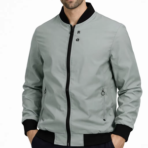 Mens Sage Green Bomber <b>Jacket</b> Premium Lightweight Windproof Fabric <b>Smart</b> Casual and Streetwear Style Classic Ribbed Black Collar - Product Image 1