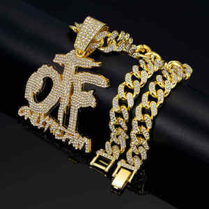 Collier pendentif lettre OTF glacé, chaîne cubaine entièrement sertie, bijoux hip-hop pour hommes et femmes - Product Image 3