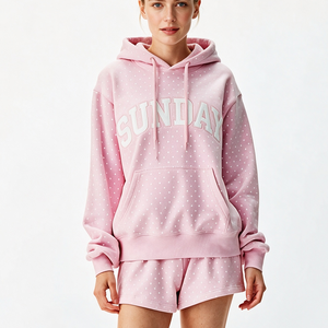 Sweat-shirt à capuche surdimensionné pour femme, rose à pois, en polaire, manches longues, vêtements décontractés d'automne avec poches - Product Image 1
