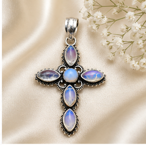 Colgante de Cruz de Piedra Lunar Arcoíris, Plata de Ley 925, Joyería Hecha a Mano, Estilo Vintage Boho, Colgante de Piedras Preciosas para Mujer - Product Image 2