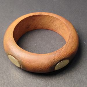 Handcrafted Natural Solid Wood <b>Bangle</b> with Inlaid Brass Oval Disks - Bohemian Style Chunky <b>Wooden</b> Bracelet for Women - Product Image 4