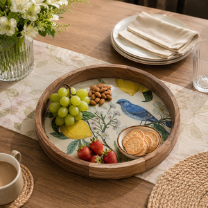 Plateau de service rond en bois de qualité supérieure avec finition émaillée, imprimé oiseaux, fait main, décoratif, pour thé, café, collations, décoration de luxe pour la maison - Product Image 2