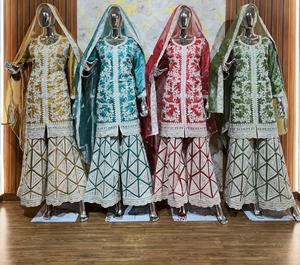 "Georgette Russian Plazo Gharara Kashmiri Bordado, Zarkan Stones, Heavy Border Dupatta (Trending Wholesale Set de 4)" - Product Image 2