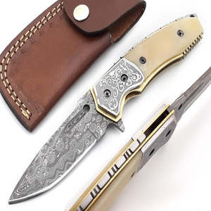 UA Supplies Industrial Grade Damascus Steel Folding <b>Knife</b> Clip Point Blade Thumb Knob Other <b>Handle</b> 7.5 Inches Overall Length - Product Image 1