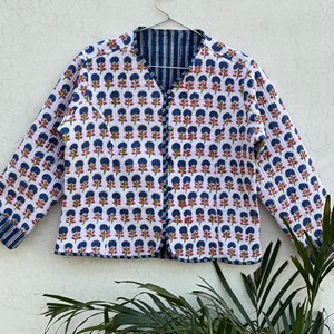 <b>Women</b> Quilted Cotton <b>Jacket</b> Floral Print V Neck Full Sleeve <b>Spring</b> Outerwear Contrast Trim Hand Embroidery - Product Image 6