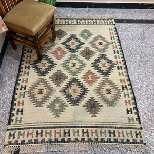 Handwoven Jute Kilim <b>Rug</b> | Geometric Pattern <b>Boho</b> Area <b>Rug</b> | Natural Fiber Rustic Floor Carpet - Product Image 1