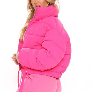 Pink Puffer <b>Jacket</b> Stand Collar Zipper Closure Quilted Windproof Thick Winter Coat Casual Loose Fit Solid Color - Product Image 3