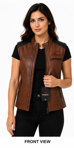 Chaleco de cuero elegante para mujer con bolsillos prácticos y ajuste clásico para montar a caballo, viajar y uso diario, con forro suave y costuras duraderas. - Product Image 1