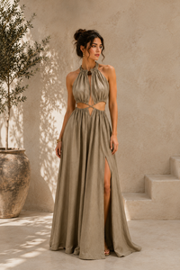 Halter Neck Maxi Dress for Women Cutout Waist Summer Beach Dress Backless Flowy Vacation Outfits Back Tie Side Slit Dress - Product Image 2