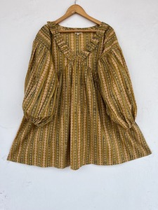 Women's 100% Cotton Beige Border Print <b>Ruffle</b> Neck Long Sleeve A-Line Mini Bohemian Tunic <b>Dress</b> Summer Vacation Beach <b>Dress</b> - Product Image 1