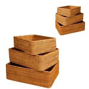 Durable Rectangular Wicker RATTAN <b>BASKET</b> / <b>TRAY</b> 3-Piece Handmade Organizer for Bread, Fruit and Vegetables - Product Image 1