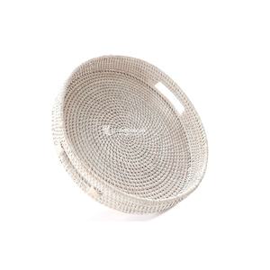 White <b>Wash</b> <b>Rattan</b> Round Serving Tray With Handles, Premium Export Quality OEM and ODM Available Viettimecraft - Product Image 1
